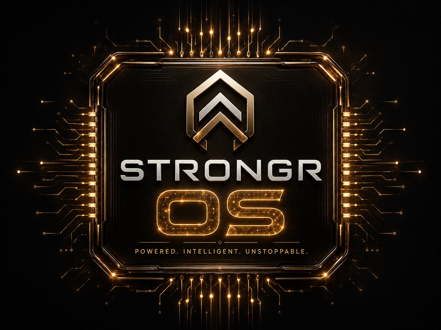 STRONGR OS dark and gold branded artwork