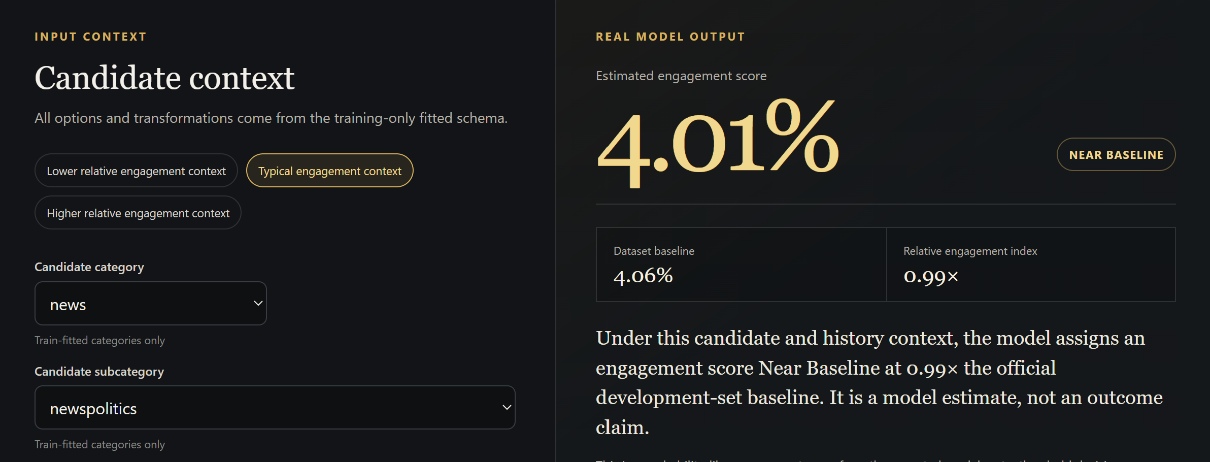 Accepted public STRONGR OS model interface showing the Typical engagement context example: 4.01 percent predicted engagement score, 4.06 percent development baseline, 0.99 times relative engagement index, Near Baseline, and local model contributors.